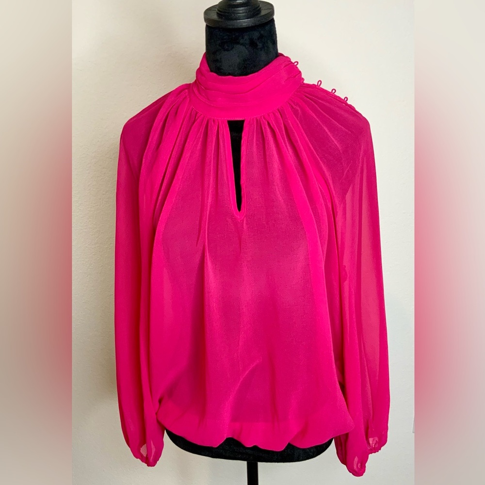 Hot Pink Sheer High-Neck Blouse with Button Detail – Size M